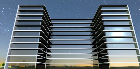 Front view of the reflective glass facade apartment building at night. Last job of young designer from Florida. 3d rendering.