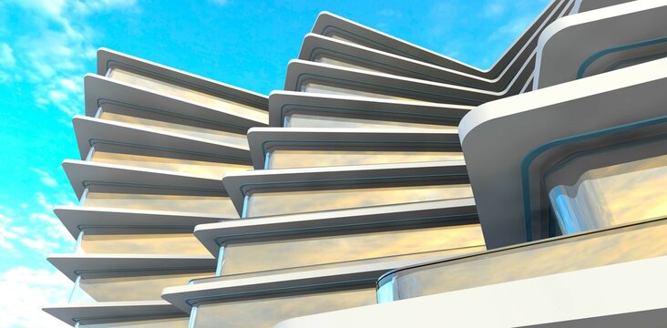 Conceptual design of the modern apartment building facade. Best artworks of the architectural artist of this season. 3d rendering.