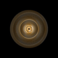 A geometric mandala art circle design with golden color on a black background