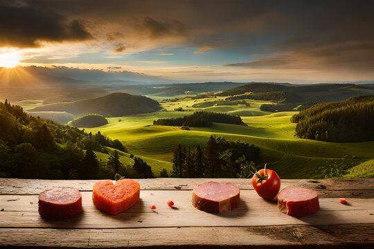 Viewed from above, a panorama banner shows heart-shaped dishes filled with chopped raw meat, poultry, and liver, as well as assorted veggies and raindrops on rustic wood
