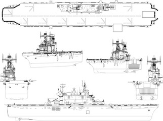 Detailed vector sketch of an aircraft carrier battle vehicle full of war weapons