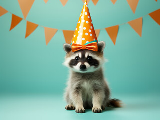 Fototapeta na wymiar Festive clothing raccoon on colorful background. celebration, birthday, party concept