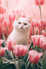 white cat surrounded by pink tulip flowers