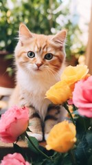 pretty cat with flowers outside in a garden