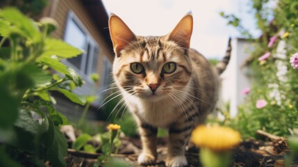 Naklejka na ściany i meble tabby cat peering at you up close, in the garden outside