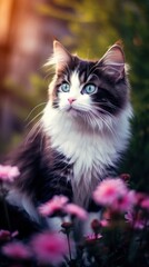 Naklejka na ściany i meble black and white cat with blue eyes in the garden
