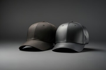Black baseball caps mockup on a grey background