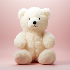 a cream cute stuffed bear toy on plain pink background