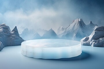 Blue podium on a background of icebergs,related to cold. Generative AI