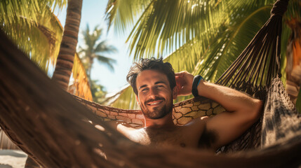 Happy man lies in a hammock against a backdrop of palm trees and the sea during a vacation - obrazy, fototapety, plakaty