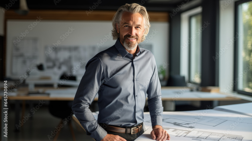 Poster Male architect stands in an office in front of a desk with various architectural projects