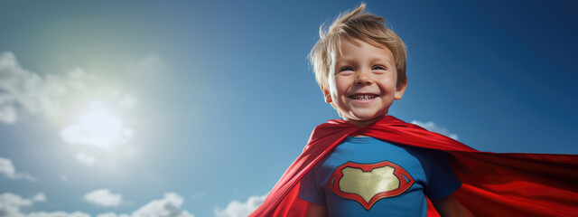 Smiling superhero boy on blue sky background - obrazy, fototapety, plakaty