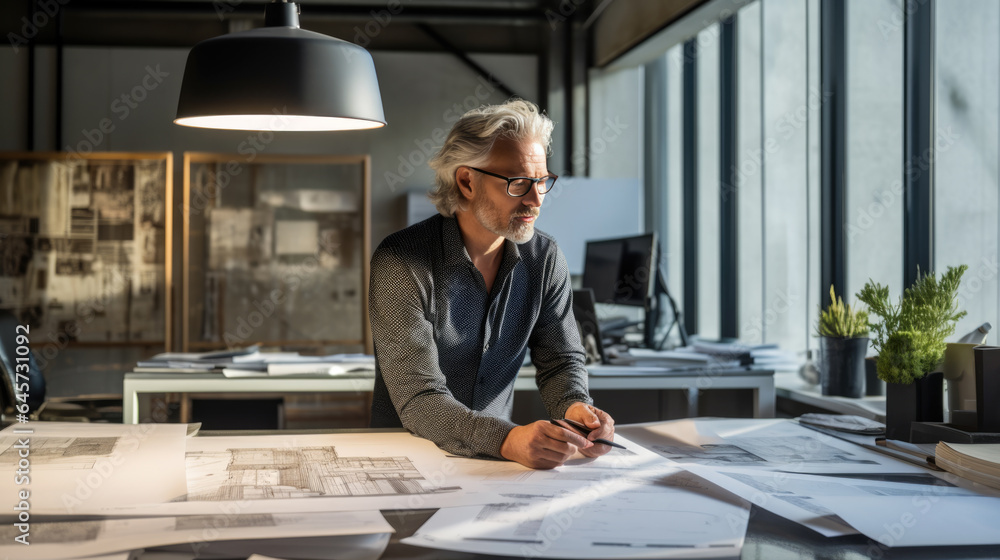 Poster Male architect stands in an office in front of a desk with various architectural projects