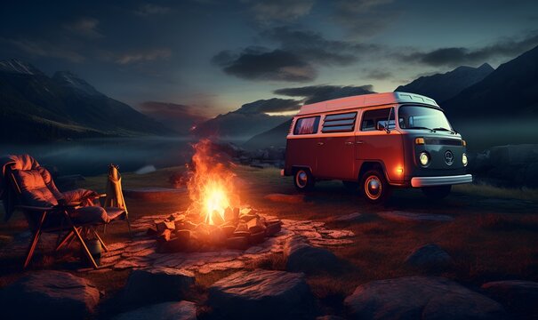 campfire on the mountain with backpacker camping car, generative ai