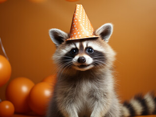 Festive clothing raccoon on colorful background. celebration, birthday, party concept