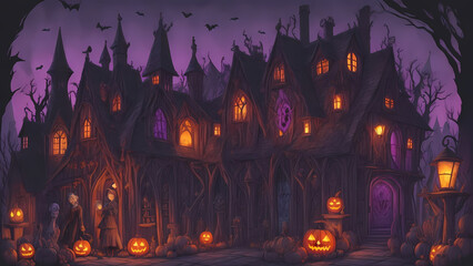 halloween, house, castle, night, moon, vector, silhouette, holiday, village art - obrazy, fototapety, plakaty