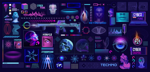 Y2k elements. Retro grid. Cyber graphic for techno. 3D skull and computer. Wireframe head. Weapon and fire. Geometric shapes. Virtual objects set. Vector cyberpunk poster exact design