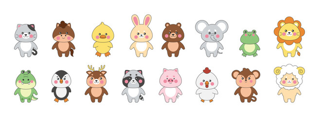 Kawaii animals. Cute farm characters, zoo and wildlife animals. Little cat, horse and baby duck, rabbit and chicken. Frog chicken and lion. Nursery decor. Vector cartoon tidy illustration