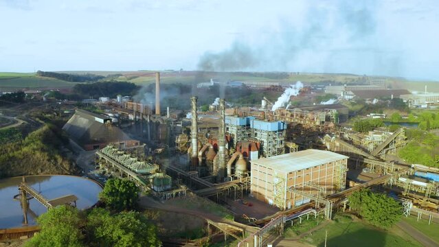 Sugarcane plant producing renewable energy. Ethanol. Drone View.