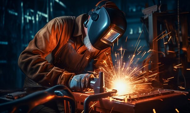 man with welding helmet welding iron, generative ai