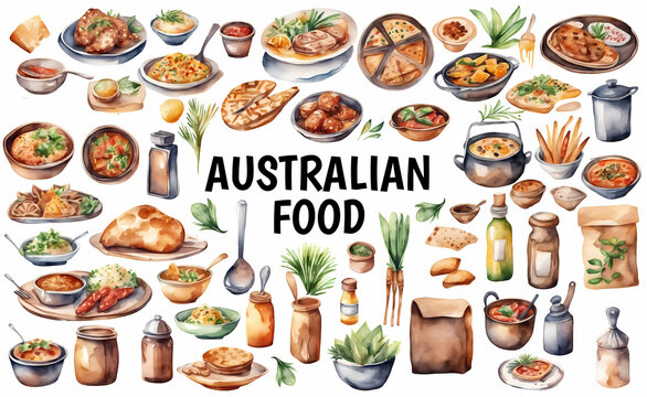 Set of main Australian food with ingridients
