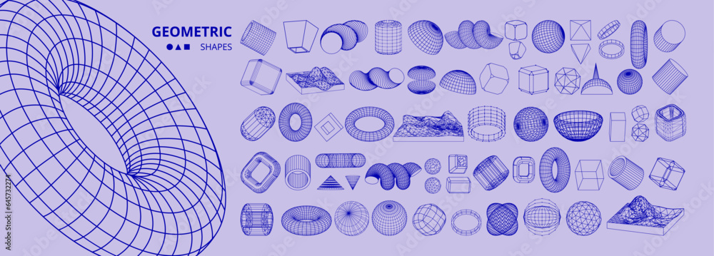 Aufkleber 3d geometric shapes. abstract wireframe, circle grid, sphere tech elements with dynamic effects. dis