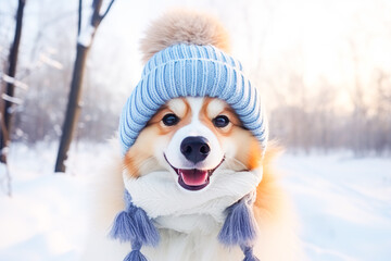 Cute dog in winter clothes on snow background. Funny pet.
