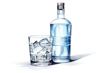 Illustration of a vodka bottle with glass, white background