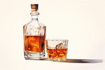 Naklejka na ściany i meble Illustration of a whiskey bottle with glass, white background