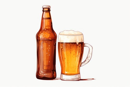 Illustration of a beer bottle with glass, white background