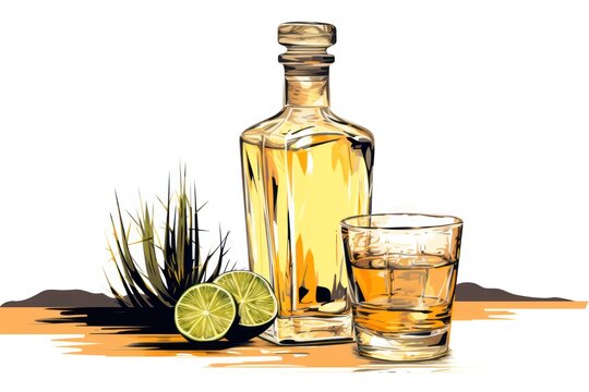 Illustration of a tequila bottle with glass, white background