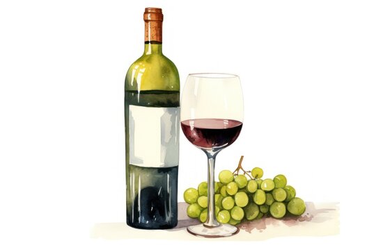 Illustration of a red wine bottle with glass, white background