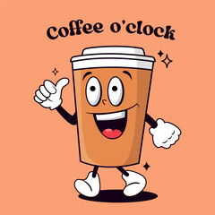 Cartoon coffee cup with quote Coffee o'clock, retro mascot character. Vector illustration.