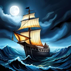 Poster Old sail ship braving the waves of a wild stormy sea at night. © Екатерина Переславце