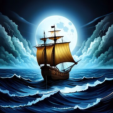 Old sail ship braving the waves of a wild stormy sea at night.