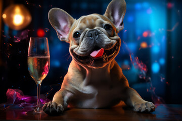  bulldog sitting with glass of champagne or wine. Celebrating, festive concept