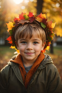 Little kid in colorful autumn wreath made of maple leaves on his head in autumn park with warm sunlight flare. Image created using artificial intelligence.