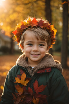 Little kid in colorful autumn wreath made of maple leaves on his head in autumn park with warm sunlight flare. Image created using artificial intelligence.