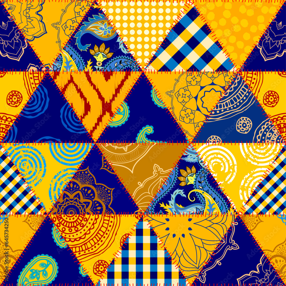 Poster textile patchwork pattern with blue and yellow colors. vector image