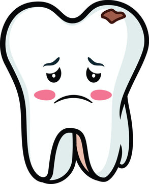 Sad tooth vector mascot illustration ,  unhappy sad tooth icon symbol clip art colored and black and white line art stock vector image