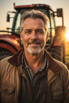 Portrait of an experienced middle-aged farmer posing in a field in front of a tractor or combine harvester during sunset. Image created using artificial intelligence.