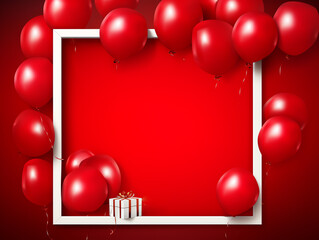 Black friday sale poster with shiny balloons with gift boxes and frame in red background