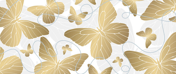 Golden luxury background with delicate butterflies. Background for decor, wallpaper, covers, cards and presentations, posts on social networks.