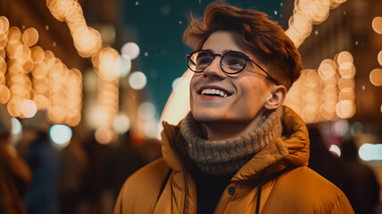 young male in warm clothes and eyeglasses smiling while looking up at lanterns and admiring London city street at night - obrazy, fototapety, plakaty