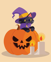 Vector flat illustration Halloween witch cat with pumpkin