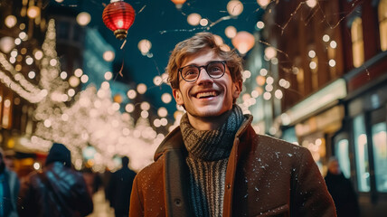young male in warm clothes and eyeglasses smiling while looking up at lanterns and admiring London...