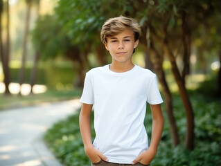 Cute boy wearing blank empty white t-shirt mockup for design template