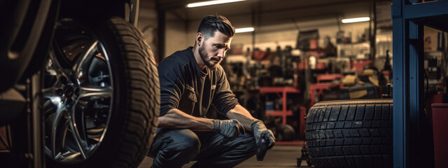 Fototapeta na wymiar Car mechanic working in garage and changing wheel alloy tire. Repair or maintenance auto service.