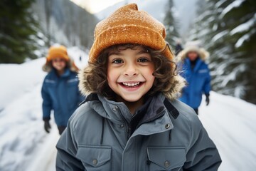 Happy children playing outside in the winter