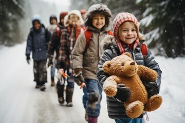 Happy kids going on a winter camping trip